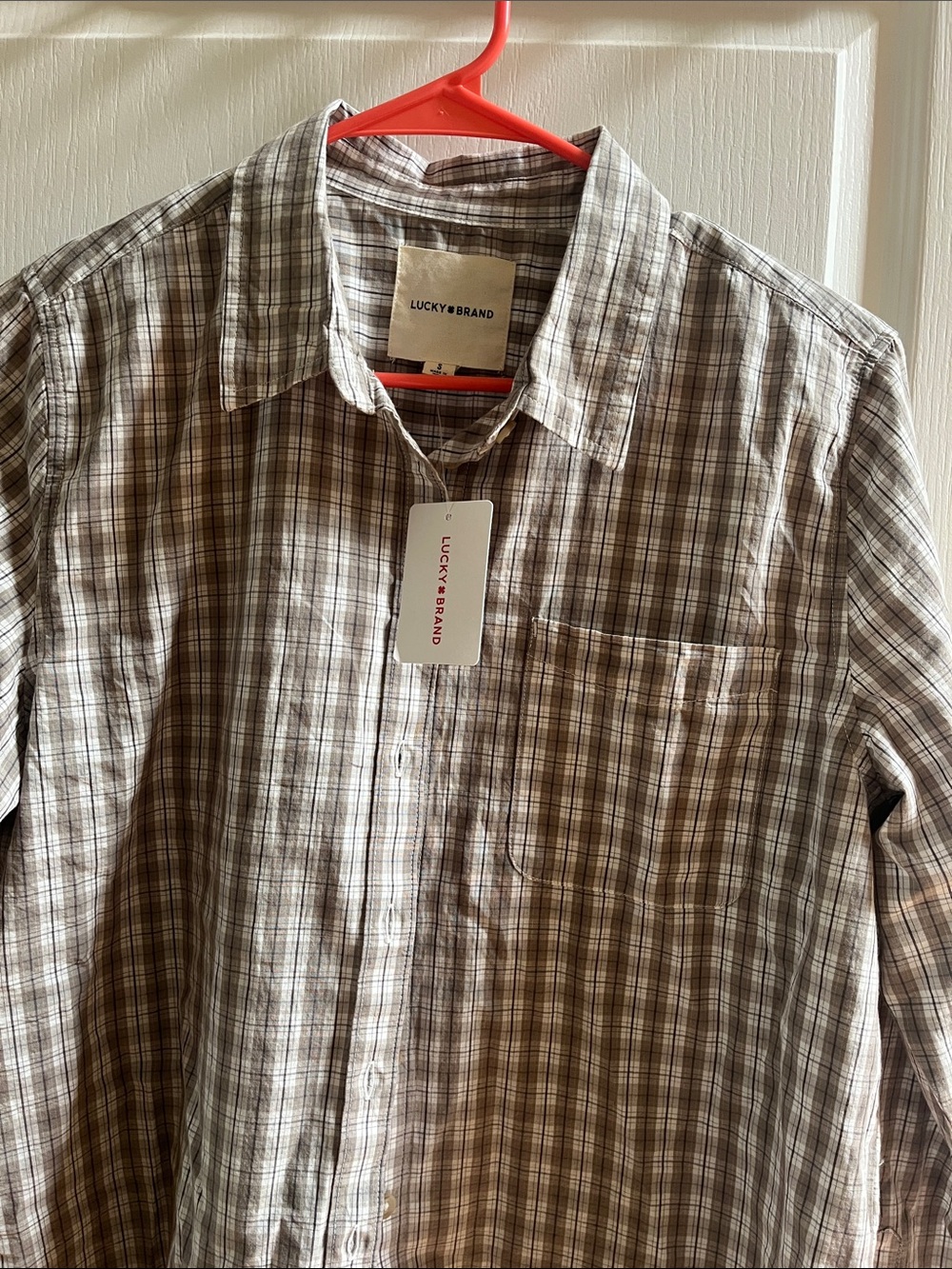 Lucky Brand Men’s Brown and Cream Plaid Button-Down Shirt